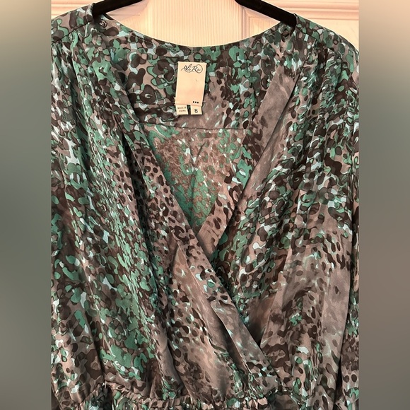 ALI RO Size 8 Medium Green Blue Gray Abstract Silk Wrap Dress - Picture 4 of 13